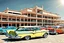 Placeholder: Fotorealistisch Parkplatz an der Promenade von Havanna vollgeparkt mit Chevrolet Impalas von 1959 und 1960, Chevrolet Nomad von 1957, Chevrolet Bel Air von 1954 und 1955, Ford Fairlane, Pontiac Safari, Buick Roadmaster, De Soto Fireflyte, allesamt mehr oder weniger heruntergekommen in prallem Sonnenlicht, im Hintergrund das Meer