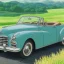 Placeholder: old cabriolet Cadillac front, de côté, metallic blue, in the green countryside with a beautiful blue sky