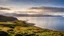 Placeholder: 2117. View on the Scottish island of Eigg, with beautiful sky, early morning spring sunshine, traditional croft, coast, sandy beach, sea, Rhum, craggy mountains, croft, calm, peaceful, tranquil, beautiful composition, exquisite detail, 80mm lens, lucid colour, clear air, islands, foreshore