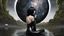 Placeholder: fantasy photo of a woman with black hair, sitting on a ledge over a pond, wearing an android-looking catsuit, sideways, with a planet behind her head