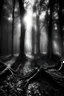 Placeholder: Visualize a captivating black and white photograph capturing the essence of a forest with eight magnificent trees. Each tree stands tall and proud, surrounded by a halo of fallen leaves blanketing the ground around its base. Thick, sinuous roots extend outward from the trunks, creating a mesmerizing pattern that winds and twists around each tree like intricate lace. The interplay of light and shadow adds depth to the scene, as sunlight filters through the dense canopy above, casting dappled patt