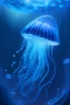 Placeholder: Cartoon Electric blue jelly fish swimming in the deep blue ocean making it glow up, 4k, HDR, concept art, highly detailed, soft lighting, artstation, award winning, art by Rene Magritte and George Luks and Adam Miller and Tom Bagshaw