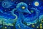 Placeholder: An indigo galaxy with an alien queen designed in Scandinavian folk art painted by Vincent van Gogh