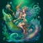 Placeholder: luminescent. mystical, mermaid gnome couple with long curly fancy flowing tail. Riding a seahorse, Marine life Background. perfect facial features. Hyperdetailed, dreamlike.