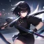 Placeholder: Clear focus,High resolution, Black short fluffy hair, and purple eyes, wearing a black outfit, must wear a short skirt, holding a glowing katana, fighting stance