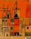 Placeholder: An orange colored mechanical factory with arrows painted by Paul Klee