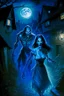 Placeholder: a very thin male glowing blue ghost werewolf lurks through a medieval village at night, hunting a human woman with dark hair. The woman s wearing make-up.