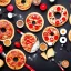 Placeholder: Pizza, hamburger, coca-cola, donut, coffee, black background