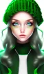 Placeholder: girl, cute, beautiful, long hair, wavy hair, green hair, blue eyes, green beanie, green coat, black tee shirt, green shorts