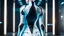 Placeholder: picture from behind the human android female with short white hair, white albino skin , she wearing black-silver-white colors futuristic fashion cloths, sje walking in high-tech futuristic office, sci-fi mood, ultra detailed, high contrast, Professional photography