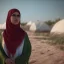 Placeholder: A Palestinian woman wearing the Palestinian dress carries her dead son as she screams and cries at night, with explosions in refugee tents behind her.