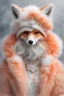 Placeholder: cute anthropomorphic fox, elegant filigree jewelry, chic peach-tangerine-white fur coat, hat, fluffy fox ears, snow, hyperdetalization, hyperrealism, delicate, modern, lace, smoke, fog