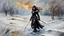 Placeholder: a warrior woman in black armor on the background of a cold snow-covered country, ice and crystal, frost and snow, oil and pastel, by Leonid Afremov & William Kentridge & Anna Razumovskaya