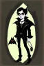 Placeholder: black haired black eyed young man necromancer goth hobbit with gothic jewelry and pet black bat in the style of Charles Addams