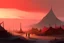 Placeholder: painting, landscape, artistic, illustration, artstation, black desert, black sand, bleak, pale red sky, large bustling camp, tall iron tower standing in the middle, tigtly packed leather tents, vereshagin style