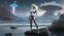 Placeholder: full body shot of a middle-aged, blond-haired woman in an silver cat-suit, standing on a rock, on the shores of an alien world, with mushrooms with jellyfish tentacles floating in the air