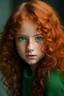 Placeholder: GIrl mixed long curly reddish Orenge hair dark green eyes