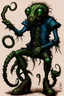 Placeholder: Artist Jean-Baptiste Monge style. A old biomorph male humanoid with Centipede face. Bright eyes. A green and blue striped outfit. Modifiers: Tim Burton Craig Rutkowski Modifiers:neon glowing Iridescent black ink