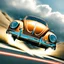 Placeholder: a high definition screen shot of a jet-fighter vw-beetle, retrofuturistic, phototrealism, in flight, one subject, should have wings with atleast one exposed jet on each wint or one coming throught thr front and center of the vehicle.