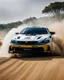 Placeholder: dramatic epic photography ralli art championship supercar race, facing front supercar ,full sticker name DV race decorations,on the way high speed drifting and jumping,on dune and watery spray and dirt roads forest