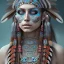 Placeholder: war painted pueblo Indian female, dark, disturbed expression.intricate detailethnically accurate face, intricate head dress, detailed make-up, detailed turquoise jewelry, detailed hair, detailed feathers, use dynamic palette, accurate proportions, high contrast.