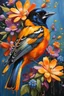 Placeholder: vibrant and energetic painting featuring a Baltimore Oriole a side profile, adorned with an array of colorful flowers. The bird's eyes are detailed and expressive, capturing its lively spirit.