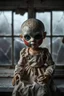 Placeholder: looking at the camera a high realistic porcelain puppet doll, old, dirty with old dress, sitting on shelf, in background blur cracked window. The figure has cracked face and head, and piercing big black eyes. High contrast, cinematic, thriller, dark, atmospheric. Surreal style , perfect composition, sharp focus, intricate details, crepy stunning horror vibe
