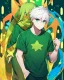 Placeholder: Young boy aged 14, determined, has short white hair, wears a green t-shirt with yellow stripes, wears a scarf with the colors of the rainbow, He is sad but looks ahead with a determined look, has light blue eyes, stars behind the character, and a colorful aura.