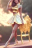 Placeholder: pin up girl, sitting on a bench with perfect legs, mini skirt, smooth delicate skin, soft light, long silky golden hair, fantasy outfit, slight smile, intricate, detailed face, concept art, digital painting, digital art, WLOP and Artgerm art, masterpiece