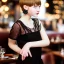 Placeholder: Russian boyish boylike female figure short man's haircut boyish face boyish features in black girlish lacy cocktail dress earrings in restaurant