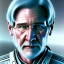 Placeholder: handsome cosmic harrison ford, white hair in the wind, blue eyes, white beard, no moustache, large forehead, scifi suit, perfect composition, super detailed, 8k, high quality, intricate details, highly detailed, lights in background, octane render