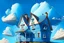 Placeholder: House illustration, realistic, detailed, illustrative, childrenbook style, Blue house, sky, clouds