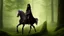 Placeholder: Dark robed wizard on a horse in the forest