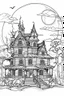 Placeholder: A haunted house with bats flying around and a full moon in the background. Outline, sketch style, only use outline, mandala style, clean line art, white background, no shadows, no clear wall, coloring page.