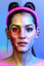 Placeholder: Ultra Realistic image, Rosalía artist, smile portrait, waist up portrait, long black eye line, sweet face, gold pink and blue geisha style, spray glow make up, led lights, neon, led piercing nose, led ornament, fog, oversized bubble latex coat, vibrant color, highly detailed, art stations, concept art, smooth, unreal engine 5, god rays, ray tracing, RTX, lumen lighting, ultra detail, volumetric lighting, 3d, finely drawn, high definition, high resolution.