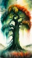 Placeholder: Zdzislaw Beksinski, and Peter Gric style ink wash and watercolor, full body illustration of a willow tree, highly detailed facial features, mixed to anatomical leaves view, visible plant like skeletal structure, wildly flowing splash colours , 8k octane, all in focus , no grain, ethereal, otherworldly concept art in vibrant natural colors