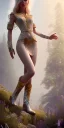 Placeholder: A long shot, Cute elven female adventurer with blonde hairs ears out, dressed in a light sundress, wearing boots on paves, posing frontally, in style of Cedric Peyravernay Art, microdetails, ultradetailed --ar 2:3 --beta --upbeta --upbeta