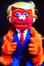 Placeholder: a Film Photograph of an orange Donald Trump Muppet made of felt and fur wearing a dark blue suit and red tie, lips are pursed