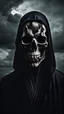 Placeholder: A figure in a black robe, facial features reminiscent of a skull, elements of decomposition, empty eye sockets, an open jaw, horror, darkness, mystery, dark clouds in the background