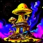 Placeholder: A fantabulous black, yellow, and blue (((mushroom tower house))) erected atop a (geologic pillar), surrounded by the uncanny imaginative ((( swirling skies))), offset by the stark hues of a (neon-tinged nebulous space scape), within. captured by the hand a skilled master painter with a focus on (softly blurred compositions and voluminous lighting).