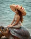 Placeholder: best angle photoshoot full body beautiful Mermaid sitting on ridding large turtle,she wearing luxurious shimmer hat large made from borroque elements flowers sea, sea shore.Sony Alpha 7 50mm realistic photography