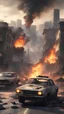 Placeholder: realistic landscape with two buildings on either side separated by several destroyed streets, a car on fire and a person with a m4a1 aiming at a horde of zombies