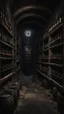 Placeholder: An old winery with a lot of old big wine Barrels laying horizontally on a shelf in a dark room , a few bottles of red wines with and old labels and spider webs on old broken shelf’s in side a dark abandoned underground dark room with a little dim touch on the wall, scary, dramatic, mysterious ambiance
