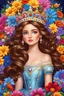 Placeholder: "Draw a beautiful princess with shiny brown hair lying on a bed of colorful flowers. She has hazel eyes, a blue dress covered in pearls, and a crown made of bright flowers on her head. Use lots of vibrant colors and make the illustration very detailed and high-quality."