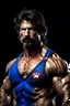 Placeholder: extremely muscular, short, curly, military-style haircut, pitch black hair, with mustache and pointed goatee, Paul Stanley/Elvis Presley/Pierce Brosnan/Jon Bernthal/Sean Bean/Dolph Lundgren/Keanu Reeves/Patrick Swayze/ hybrid, as the extremely muscular Superhero "SUPERSONIC" in an original patriotic red, white and blue, "Supersonic" Super suit with with an America Flag Cape,