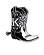 Placeholder: pair of cowboy boots with a large "K" in the pattern on the side of the closer boot. Vector illustration with very bold linework, western poster