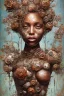 Placeholder: an abstract painting of rusted metal and flowers, heart filled with love African slave lady working, rust, scaffolding, iron cladding, decay, mixed media, textured, anatomically correct, beautiful perfect face, sharp focus, highly detailed