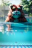 Placeholder: Realistic pool scene. big furry monster into water. Wes Anderson style. Red hair, smile, happy, gradient color fog. highly detailed, concept art, unreal engine 5, ray tracing, RTX, lumen lighting, ultra detail, volumetric lighting, 3d, finely drawn, high definition, high resolution.