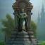 Placeholder: Monument, abandoned city centre, statue of human on top, look from distance, buildings visible whole statue, overgrown statue and monument, realistic, highly detailed