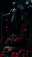 Placeholder: The statue of justice is filled with blood, carrying a scale full of red roses, and poppy flowers grow from underneath it and climb the statue. Dark garden background cinematic.